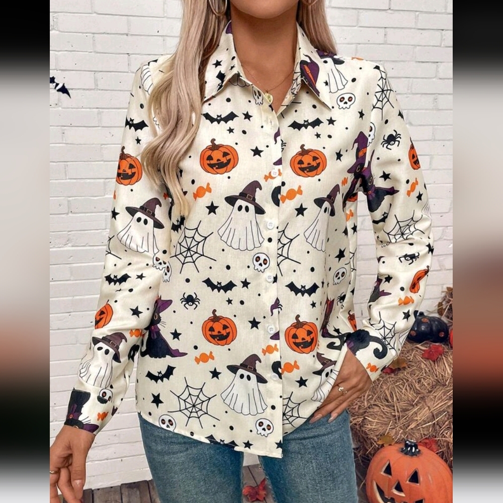 Women Halloween Print Button Down Long Sleeve Autumn Shirt Blouse Fall Clothing - Picture 4 of 5